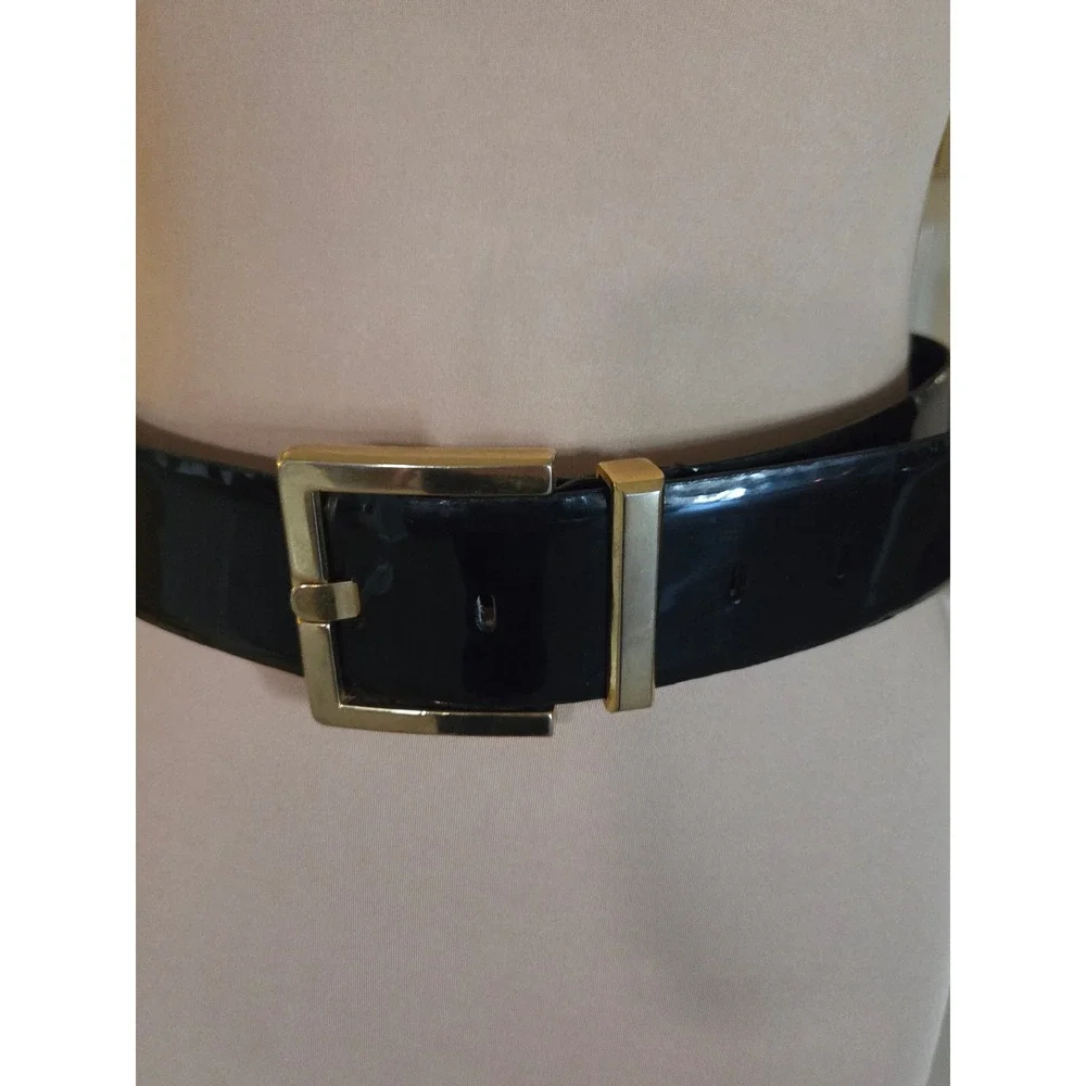 80's Black Patent Genuine Leather Wide Waist‎ Belt Brass Buckle Medium Taiwan